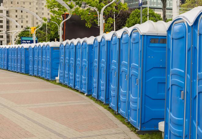 portable restrooms lined up at a marathon, ensuring runners can take a much-needed bathroom break in Huntington VT